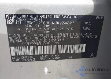 2016 Toyota Rav4 Le z USA, uszkodzony, nr VIN 2T3ZFREV7GW278530